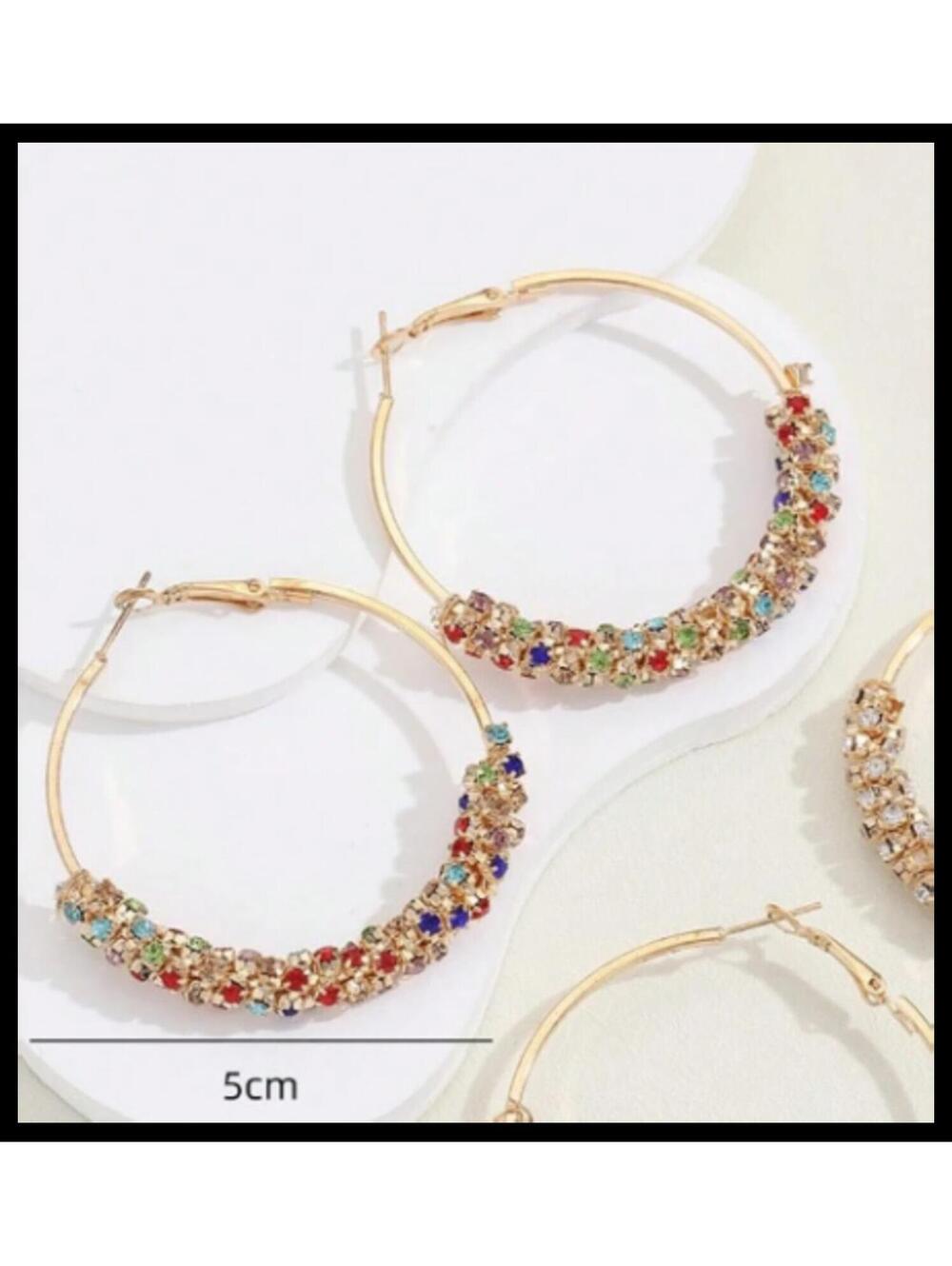 Large multicolor sparkle hoop - Earrings - Gold - CZs - 1.75" - Picture 4 of 4
